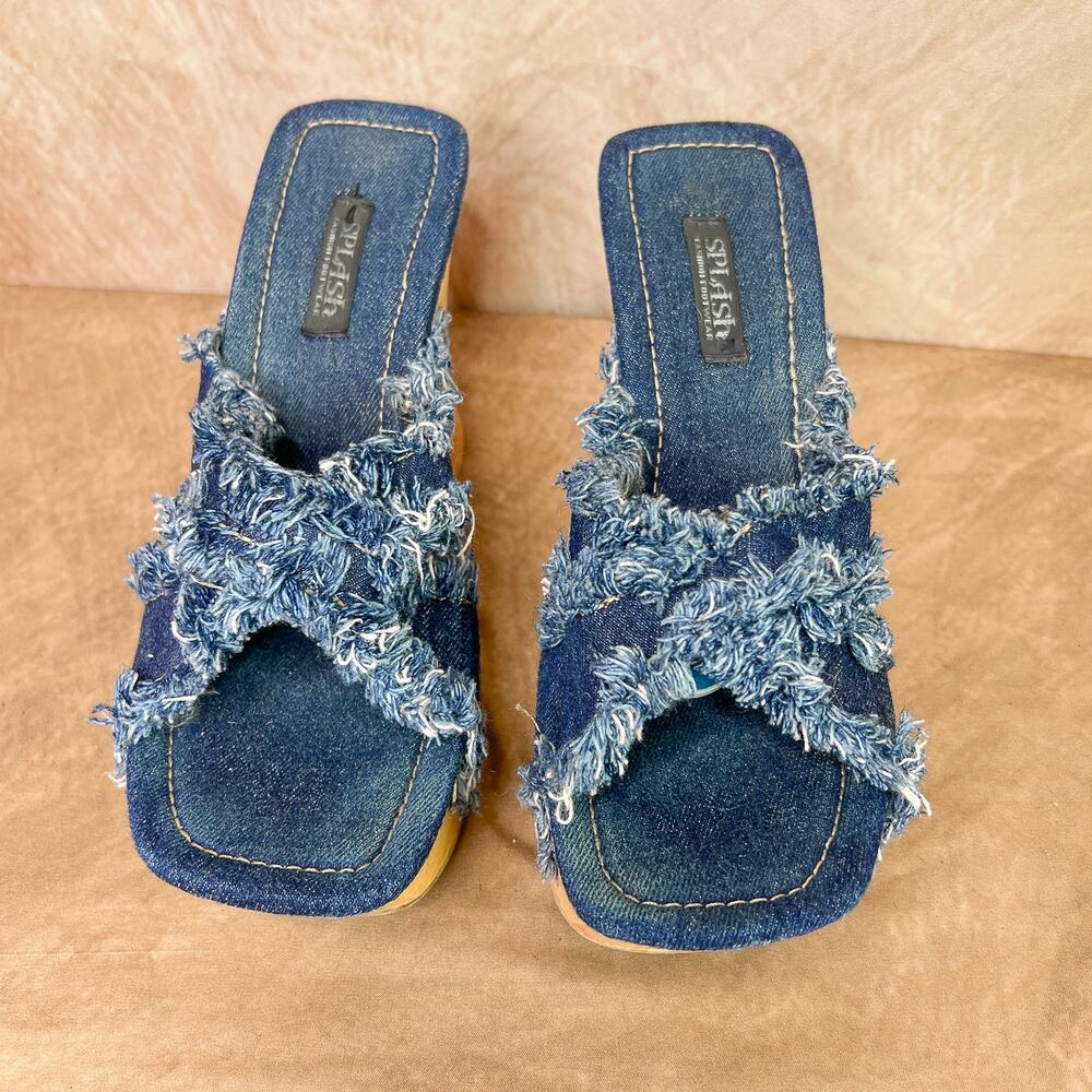 Vintage Y2K Splash Denim Fringe Wedge Platform Sandals High Heels 90s Studded - Picture 5 of 11